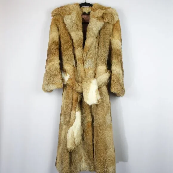 Vintage City Furs Authentic Rabbit Fur Long Overcoat w/ Fur Belt, Sz 47 in